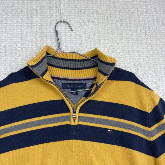 TOMMY HILFIGER Mens Patterned Jumper Yellow Striped 1/4 Zip Tight Knit M. Read - Picture 2 of 12
